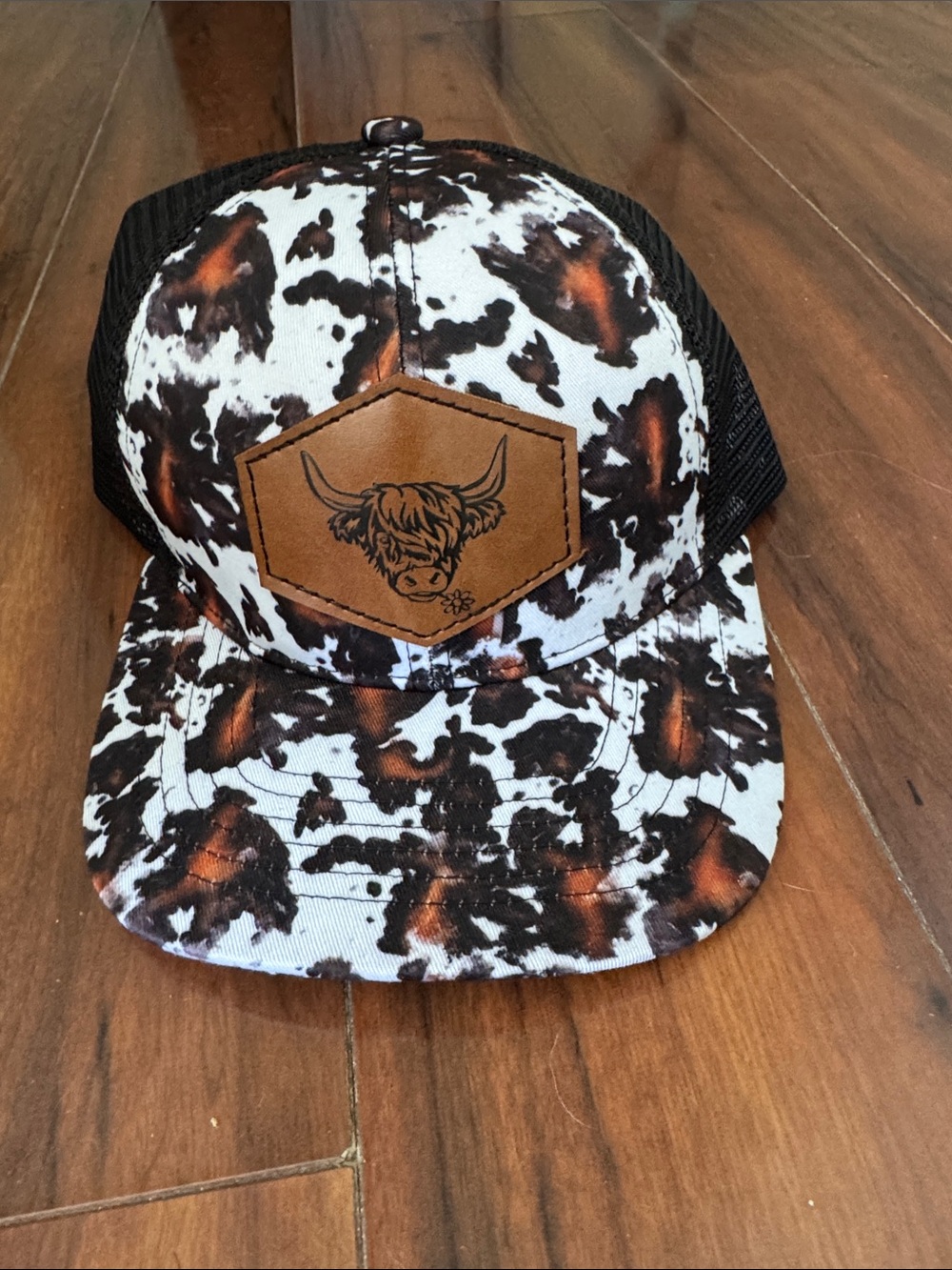 Dani Morgan Cowhide Print Trucker Hat with Brown Leather Patch -